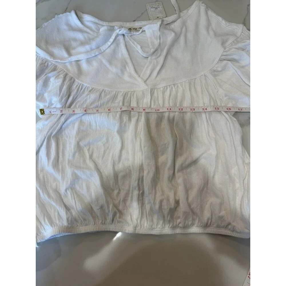 Free People No Good Alone Tee Top Optic White Puff Sleeve V-Neck Size L NWT
